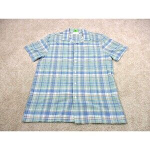 Onia Shirt Men Medium Blue Green Plaid Cotton Short Sleeve Casual Button Up